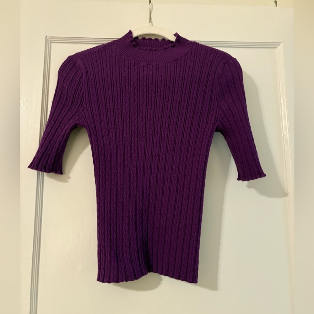 LOFT Outlet Purple Ribbed Open Knit Mock Neck Short Sleeve Sweater